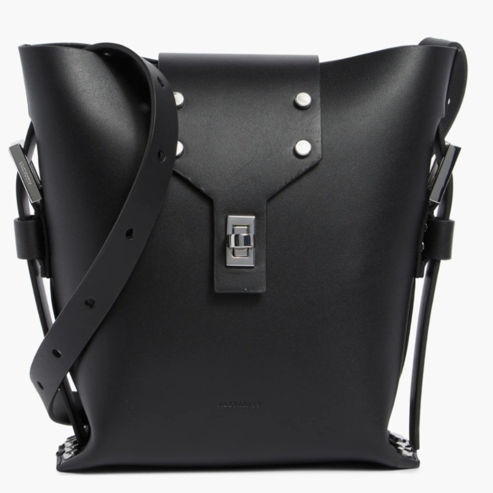 New AllSaints Miro Black Leather Crossbody Shoulder Bucket With Dust Bag- NWT - Picture 2 of 12